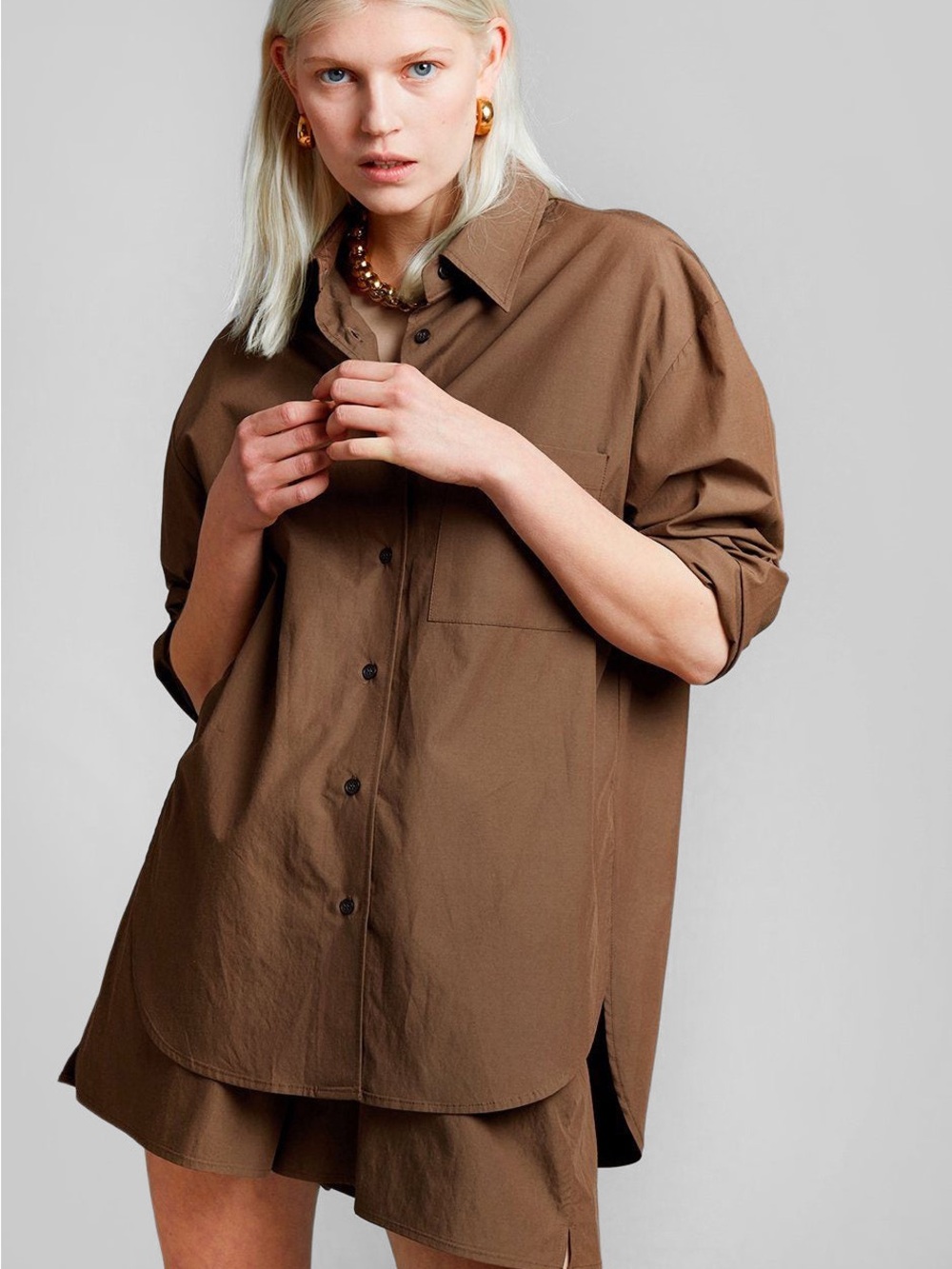 The Frankie Shop Lui Organic 100% GOTS Cotton Shirt in Chocolate Brown